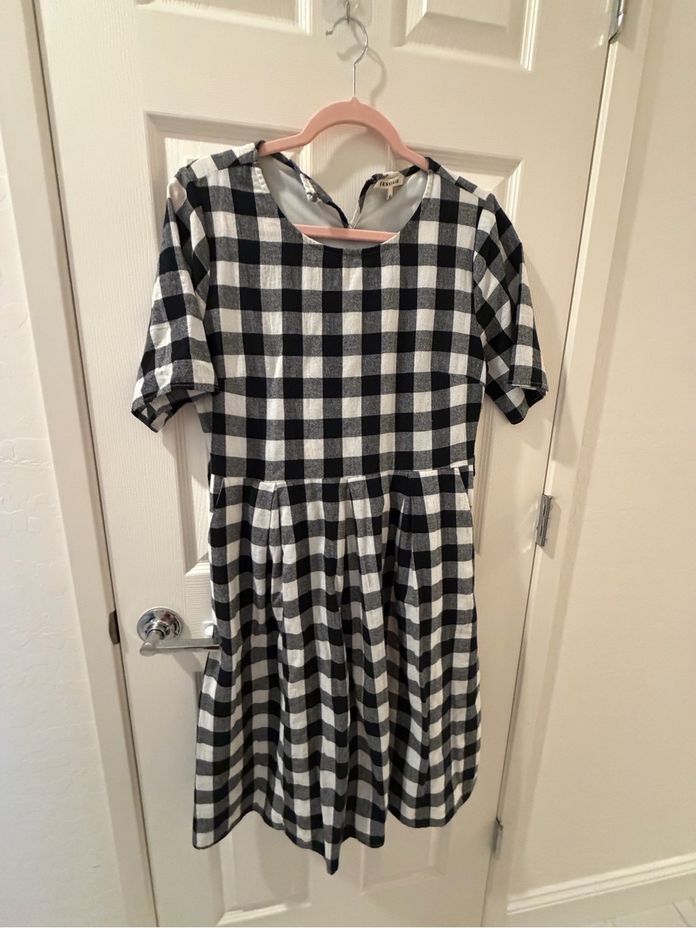 JessaKae Black & White Gingham Short-Sleeve Dress, Missing Belt.